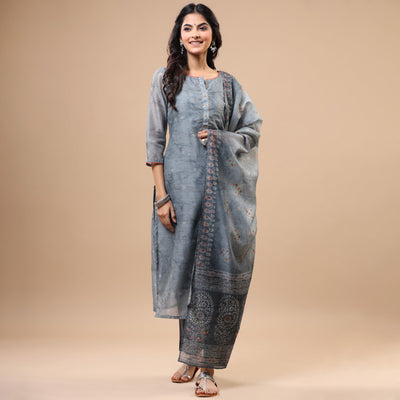 Grey Printed With Sequins Work Chanderi Salwar Suit
