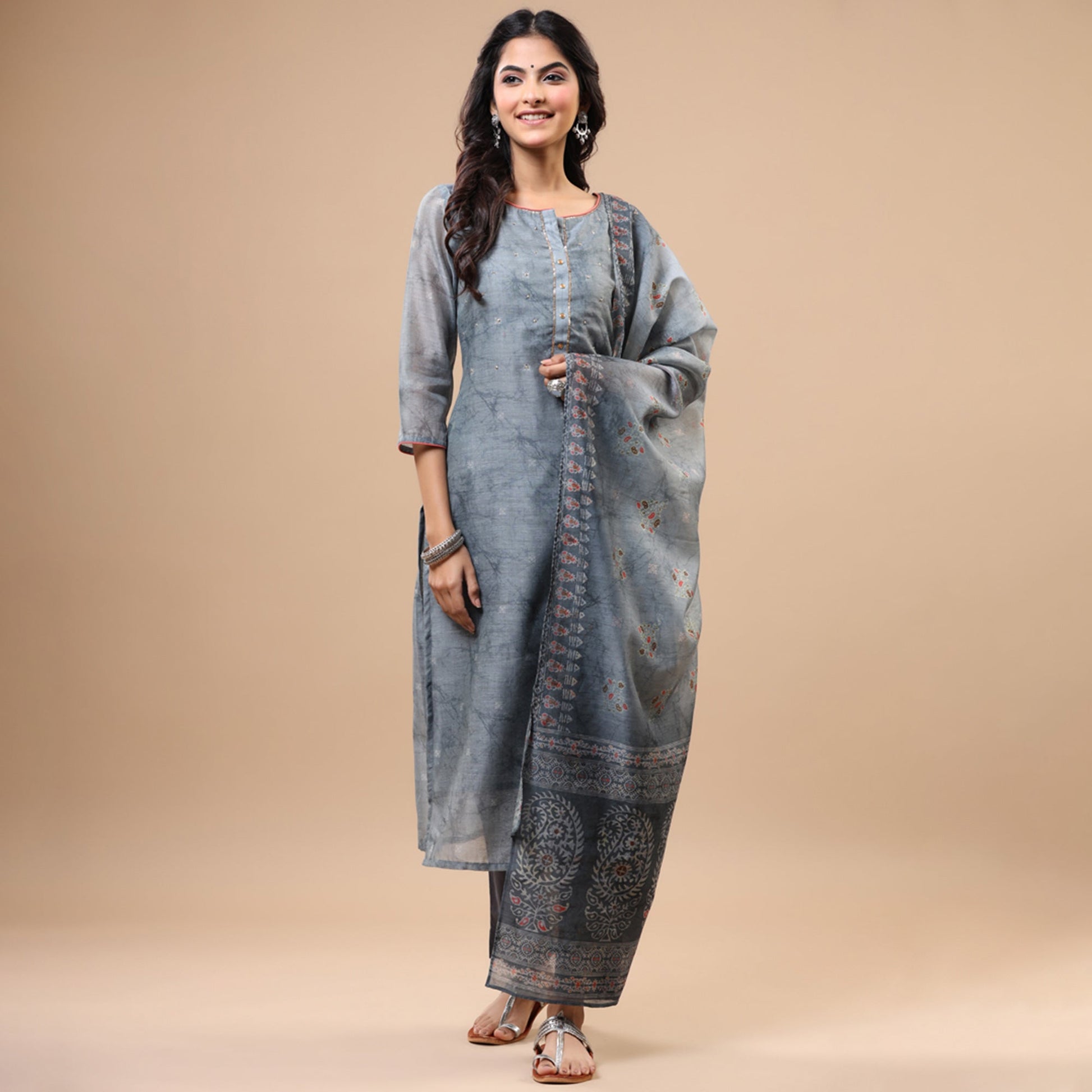 Grey Printed With Sequins Work Chanderi Salwar Suit
