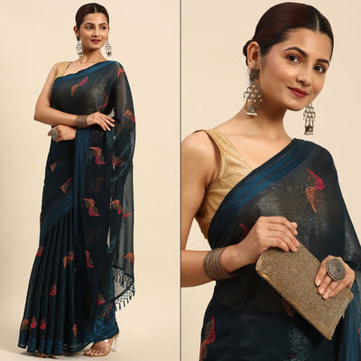 Blue Swarovski With Embroidery Work Chiffon Saree