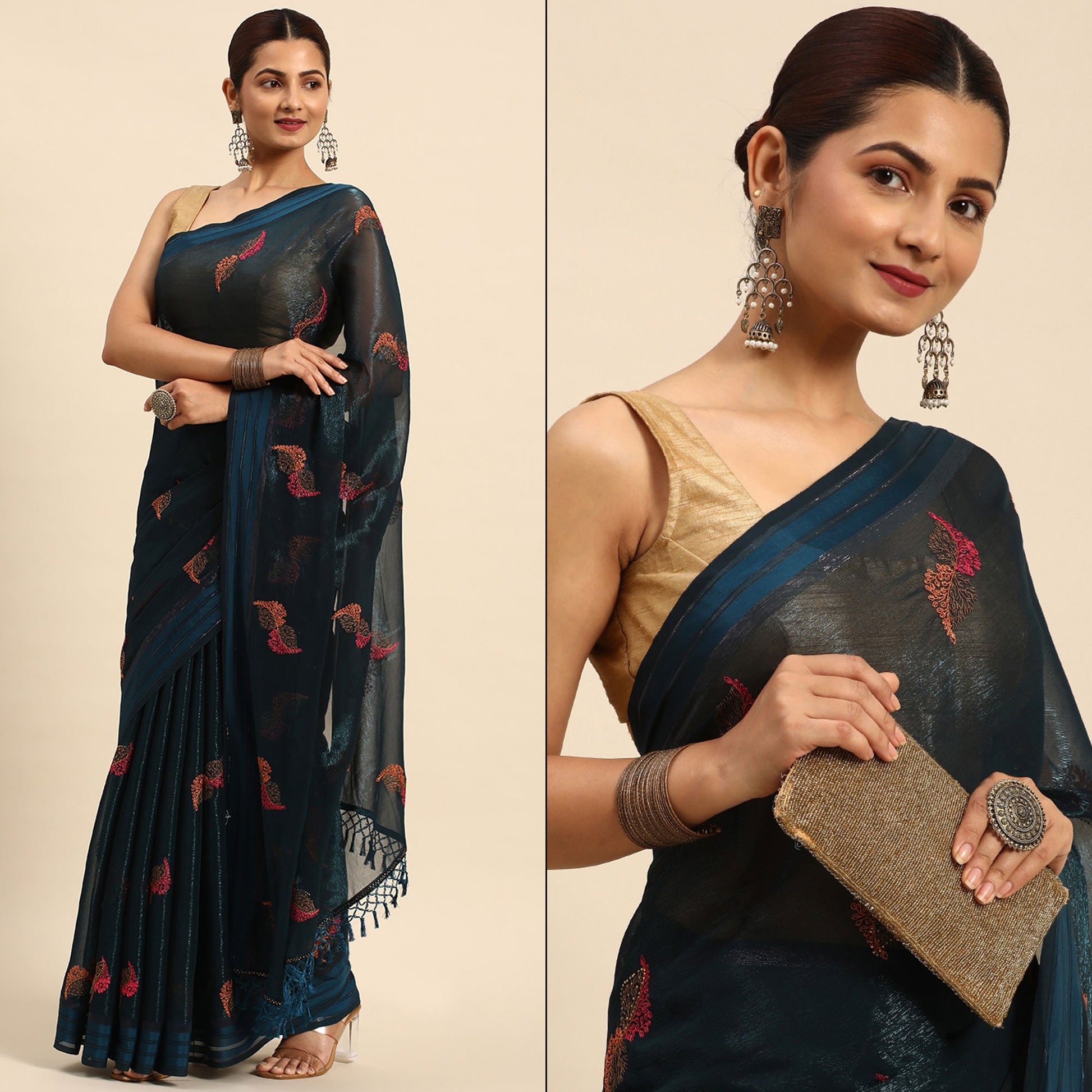 Blue Swarovski With Embroidery Work Chiffon Saree