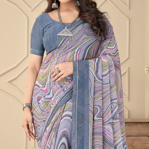 Grey Printed Chiffon Saree With Tassels