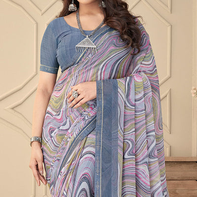 Grey Printed Chiffon Saree With Tassels