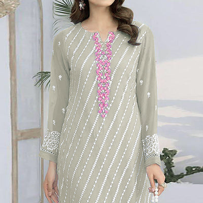 Fog Green Floral Embroidered Georgette Semi Stitched Suit