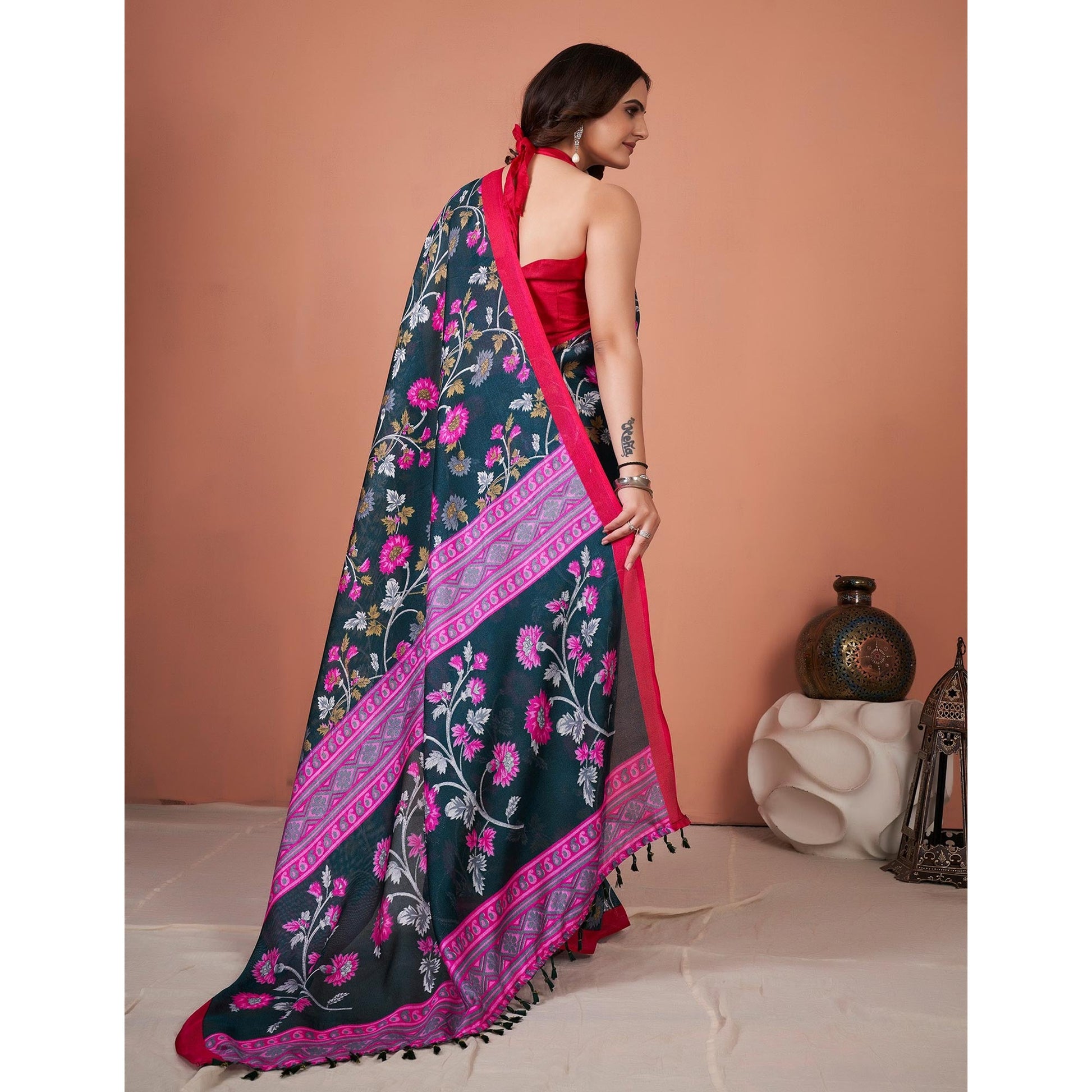 green-floral-printed-jute-saree-with-tassels