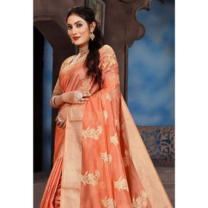 Dark Peach Floral Woven Organza Saree