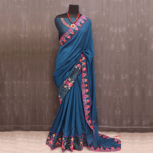 Morpich Floral Embroidered Vichitra Silk Saree