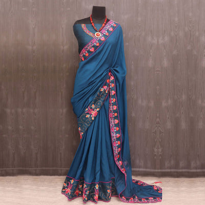 Morpich Floral Embroidered Vichitra Silk Saree