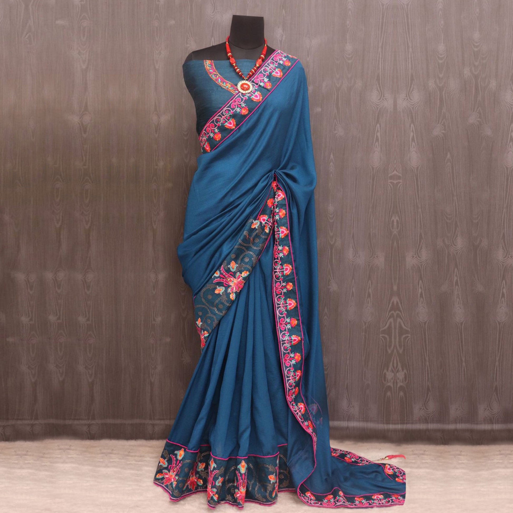 Morpich Floral Embroidered Vichitra Silk Saree