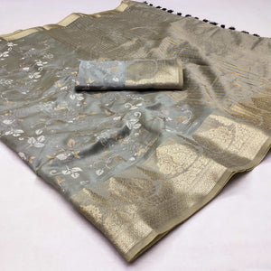 Grey Woven Organza Saree With Tassels