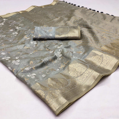 Grey Woven Organza Saree With Tassels