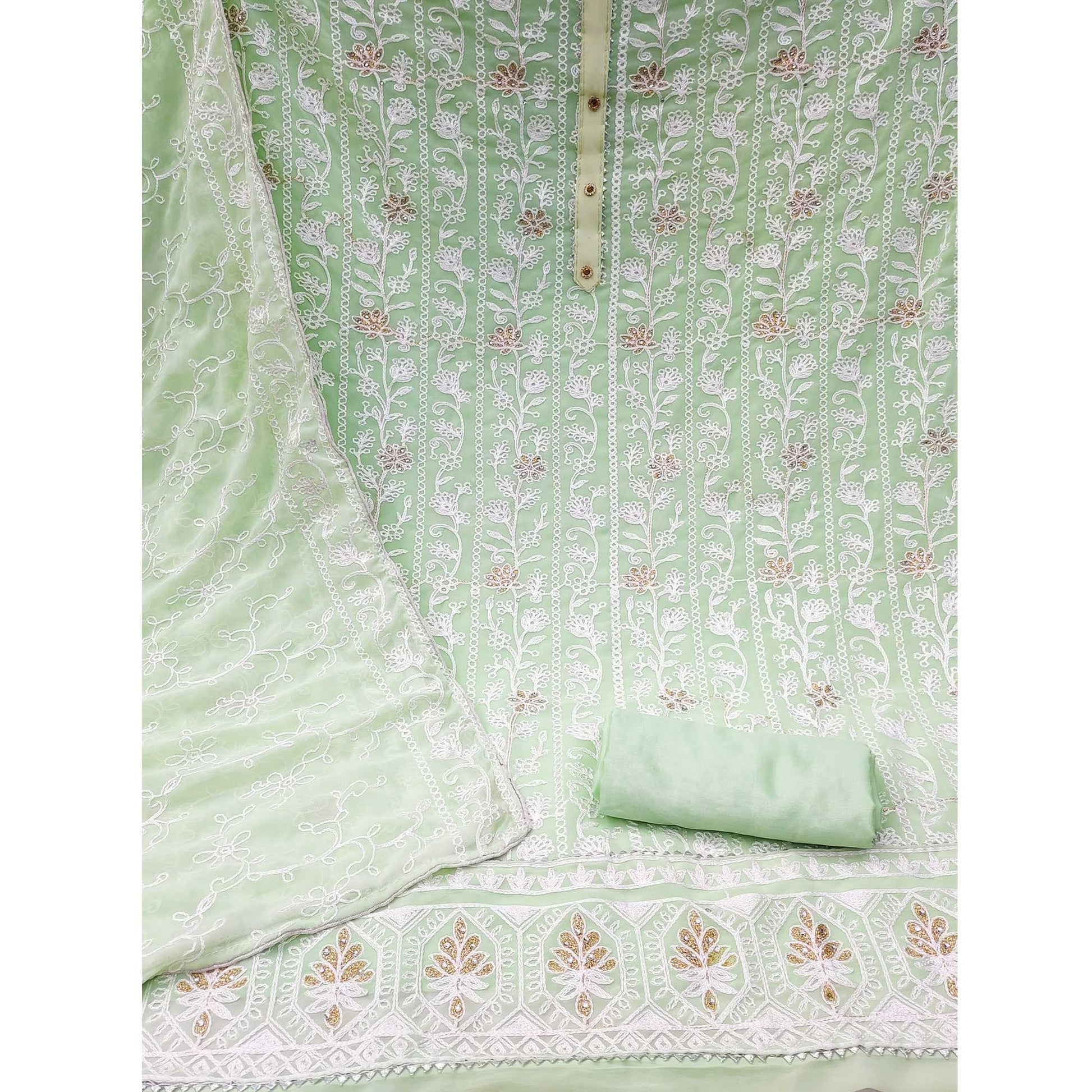 Light Green Lucknowi Embroidered Georgette Dress Material