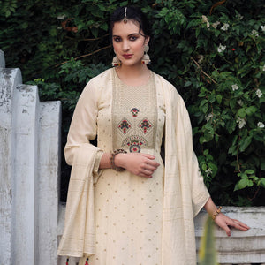 Cream Floral Woven Muslin Salwar Suit