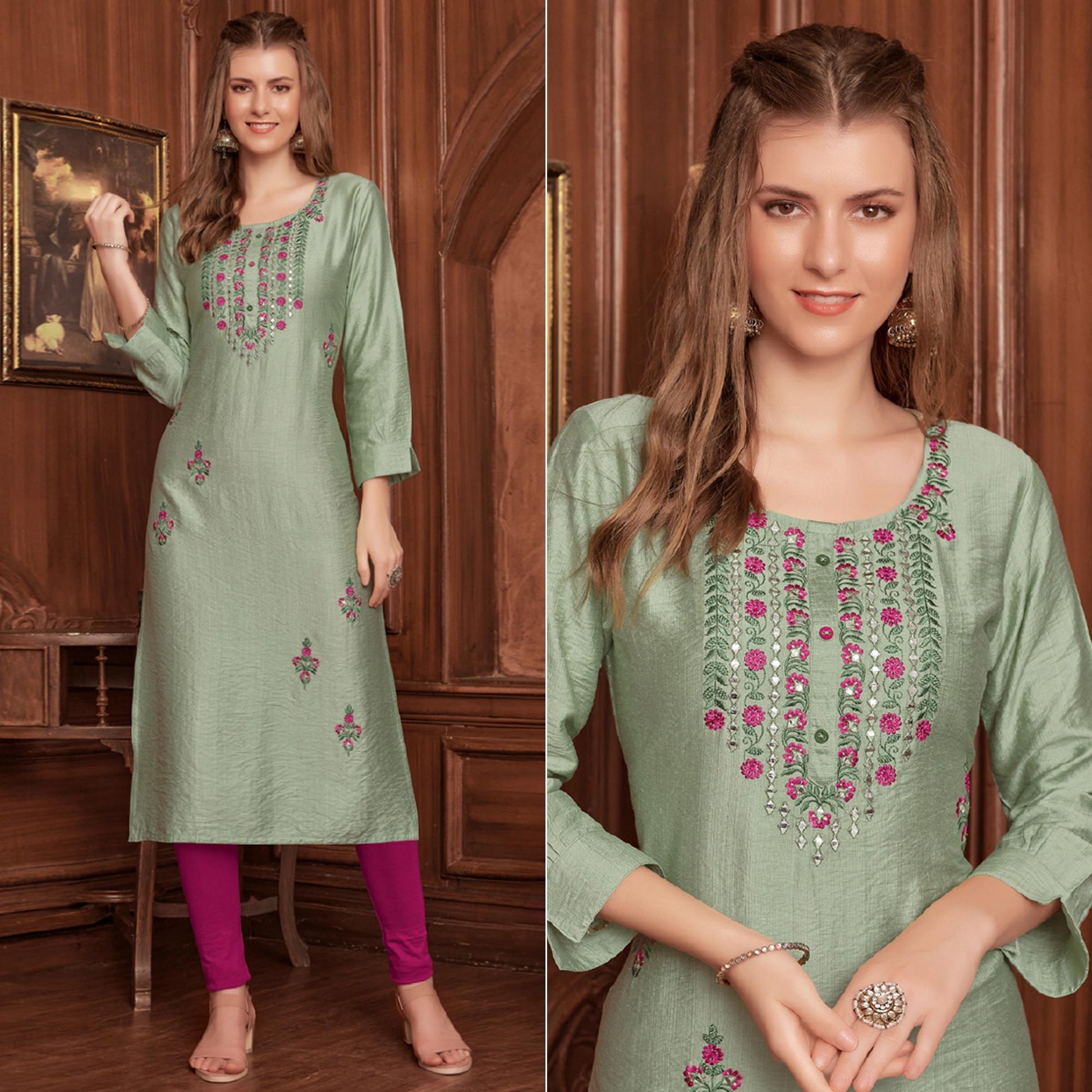 green-floral-embroidered-rayon-kurti