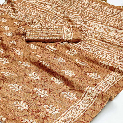 Brown Floral Digital Printed Tussar Silk Saree With Tassels
