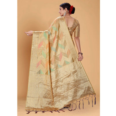 Chikoo Woven Organza Saree With Tassels