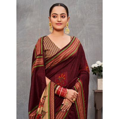 Dark Maroon Printed With Embroidery Tussar Silk Saree