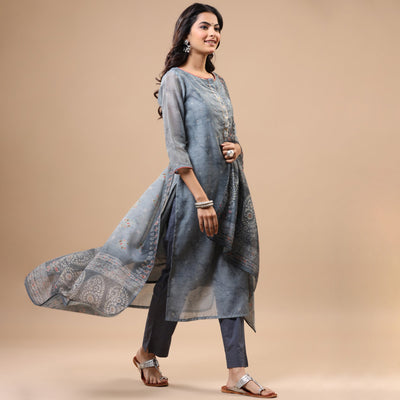 Grey Printed With Sequins Work Chanderi Salwar Suit
