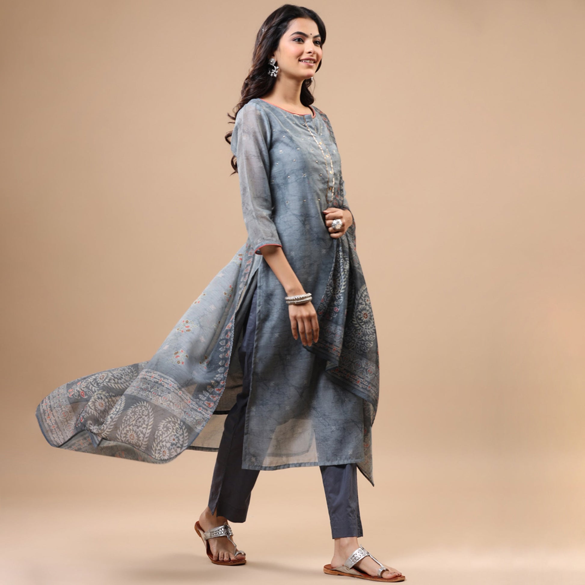Grey Printed With Sequins Work Chanderi Salwar Suit