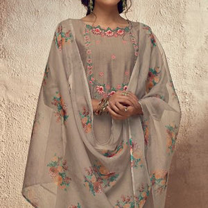 Brown Floral Embroidered Viscose Suit