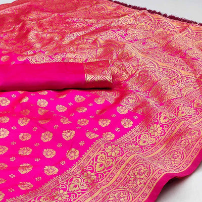 Magenta Pink Woven Jacquard Saree With Tassels
