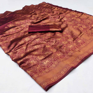 Maroon Woven Jacquard Saree With Tassels