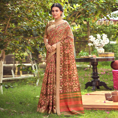 Brown Floral Printed With Woven Border Linen Saree