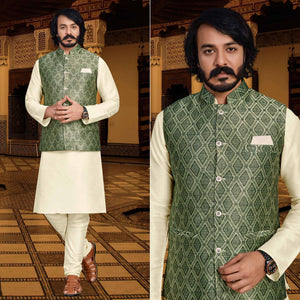 Cream Green Woven Art Silk Kurta Pyjama Set With Jacket