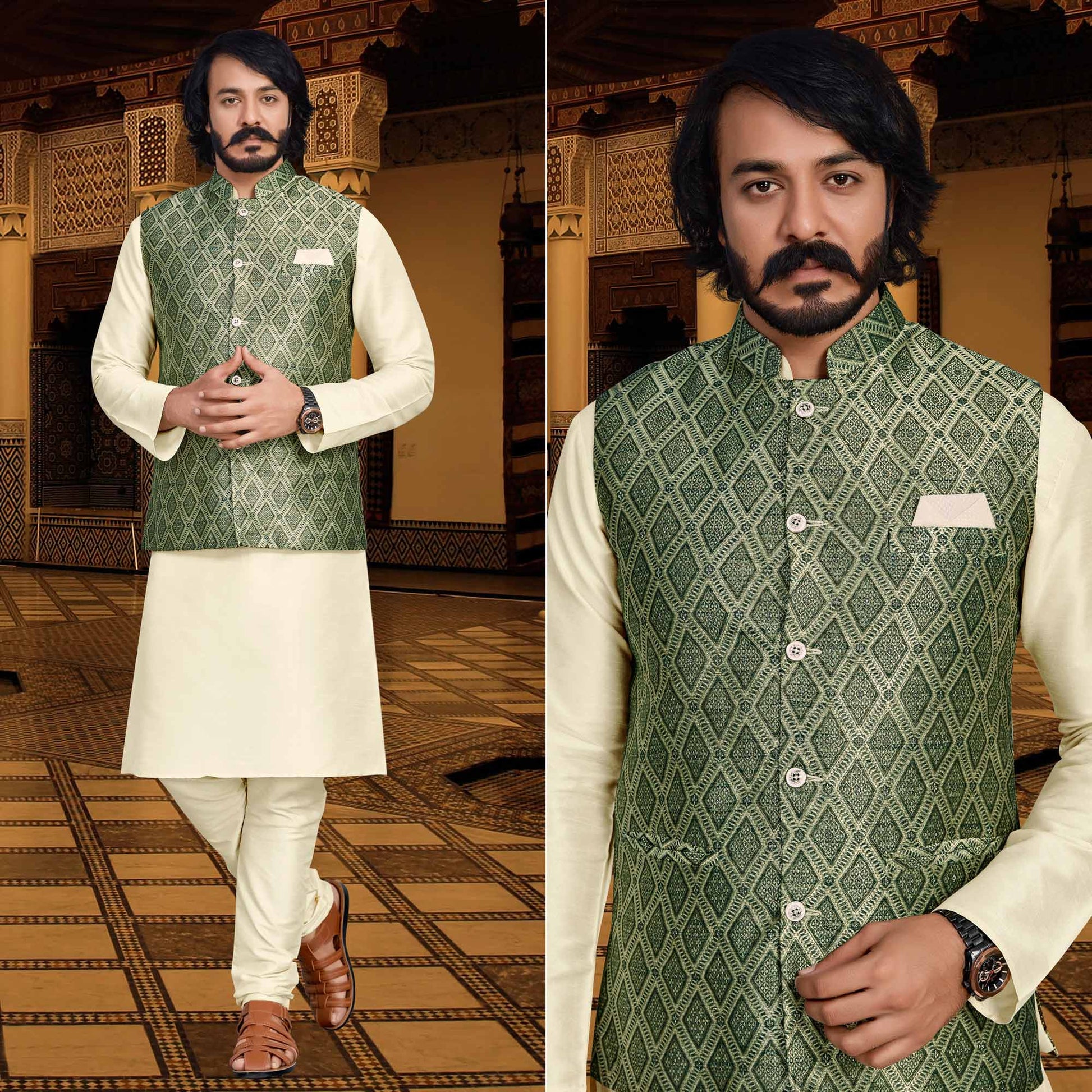 Cream Green Woven Art Silk Kurta Pyjama Set With Jacket