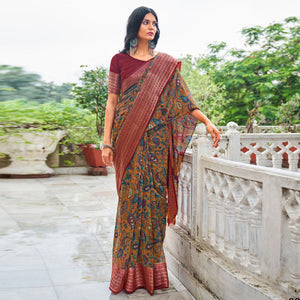 Brown Printed With Woven Border Raw Silk Saree