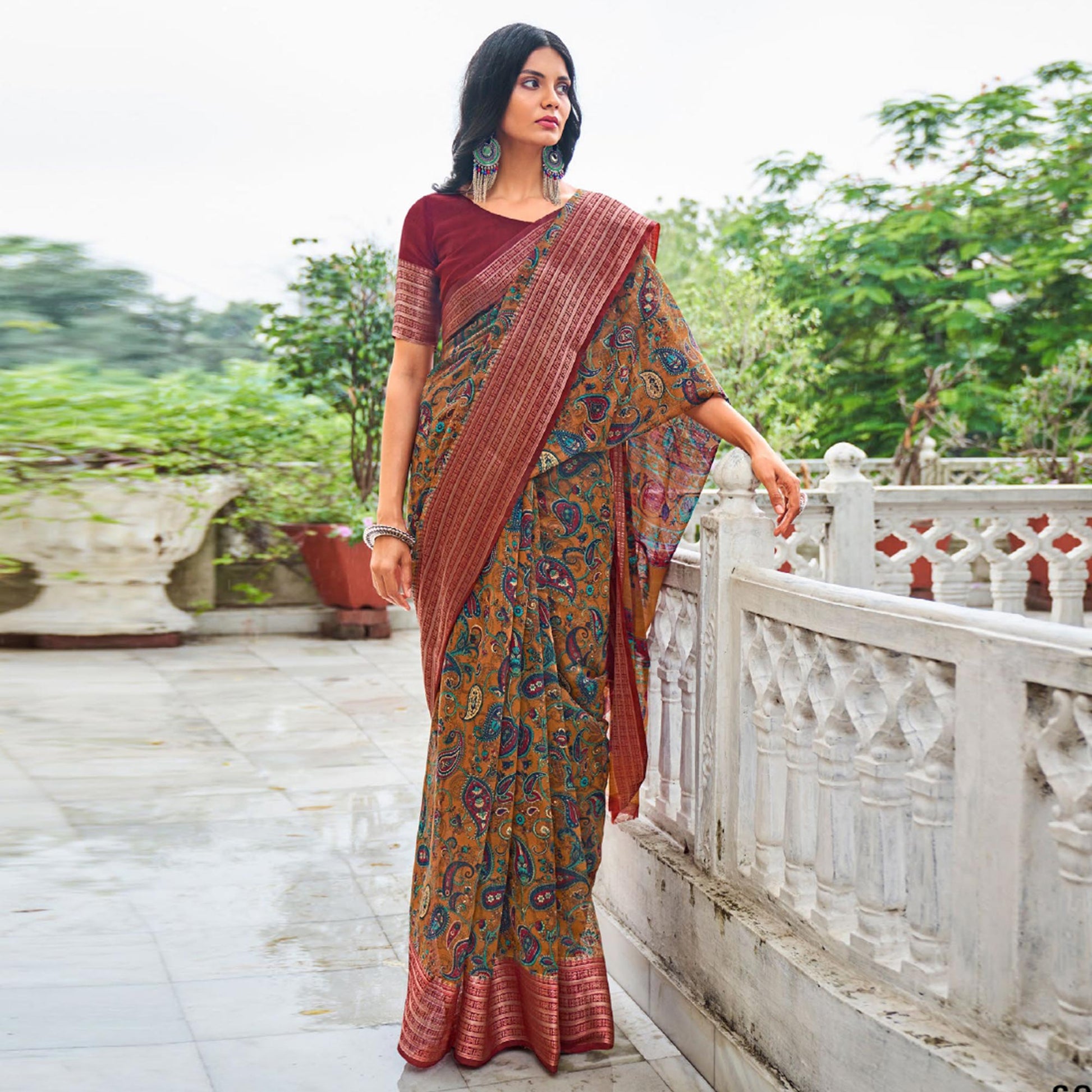 Brown Printed With Woven Border Raw Silk Saree
