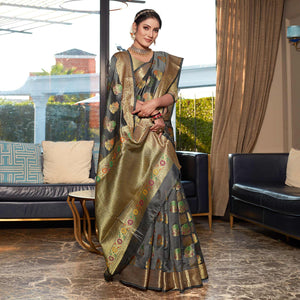 a-grey-floral-woven-organza-saree