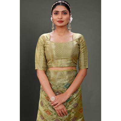 Lemon Green Woven Organza Saree With Tassels