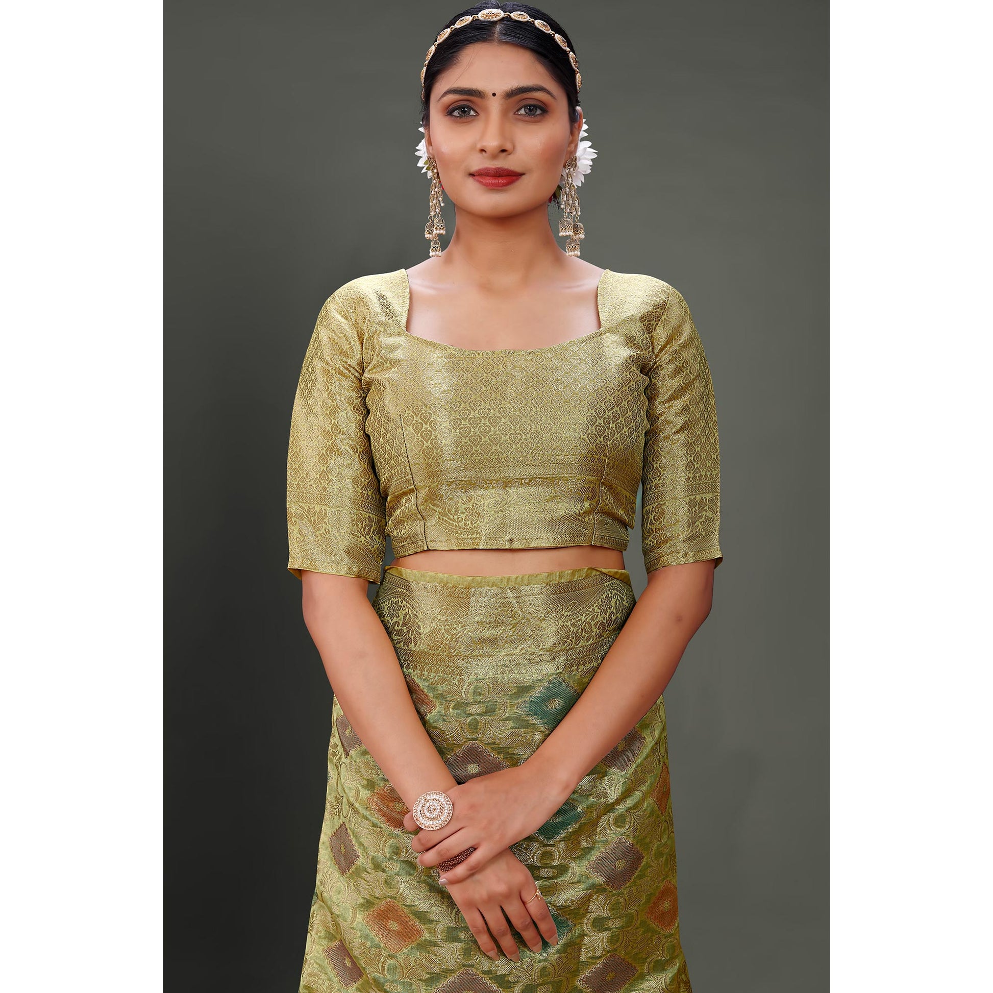 Lemon Green Woven Organza Saree With Tassels