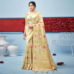 Cream Woven Organza Saree With Tassels