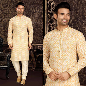 Light Yellow Lucknowi And Digital Printed Cotton Kurta Pyjama Set