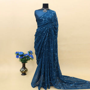 Morpich Sequins Embroidered Georgette Saree