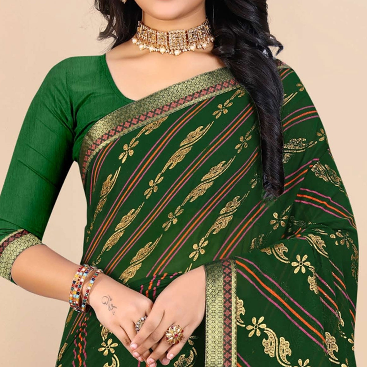 green-foil-printed-georgette-saree-1