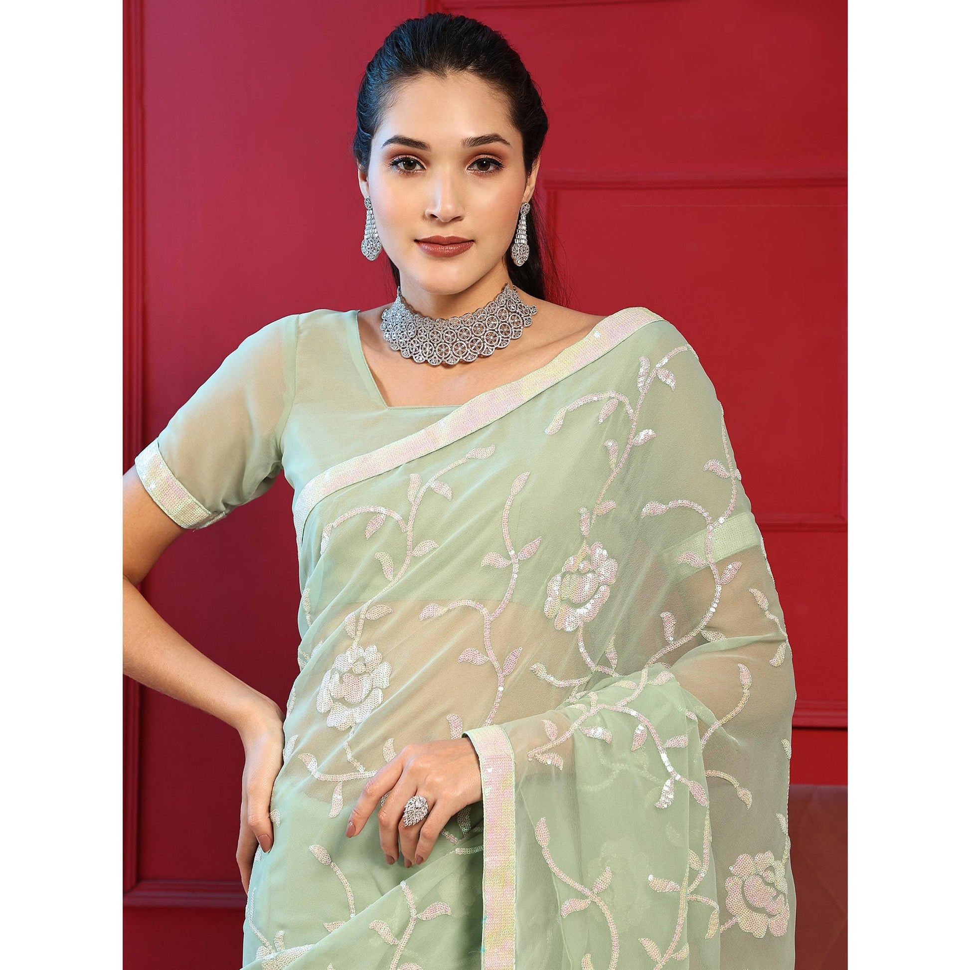 green-sequins-embroidered-georgette-saree-1