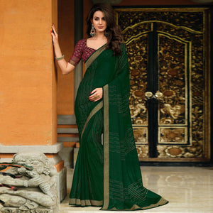 Bottle Green Foil Printed Chiffon Saree