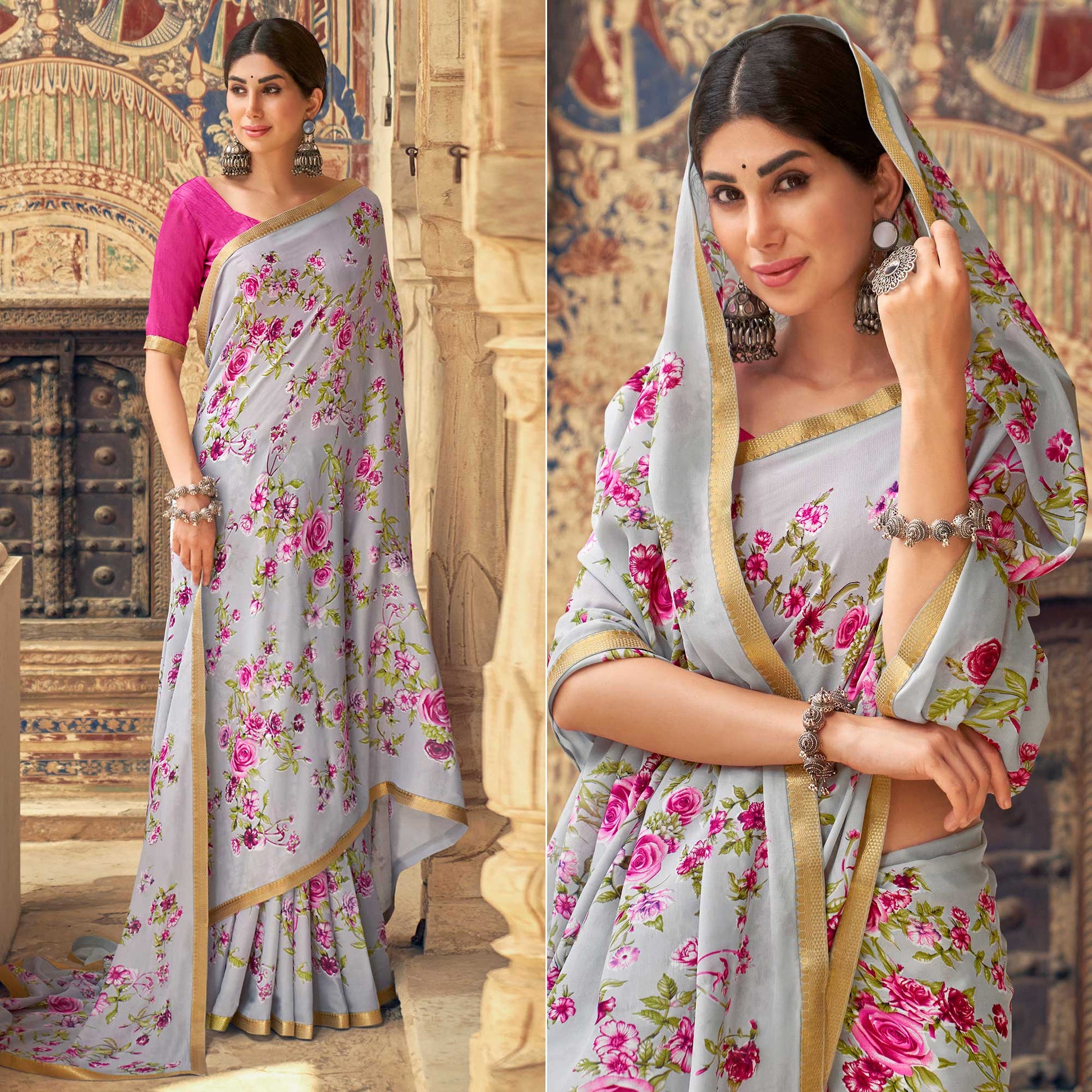 grey-floral-printed-chiffon-saree