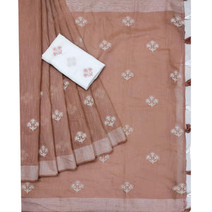 Brown Floral Embroidered Raw Silk Saree