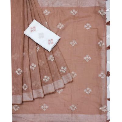 Brown Floral Embroidered Raw Silk Saree