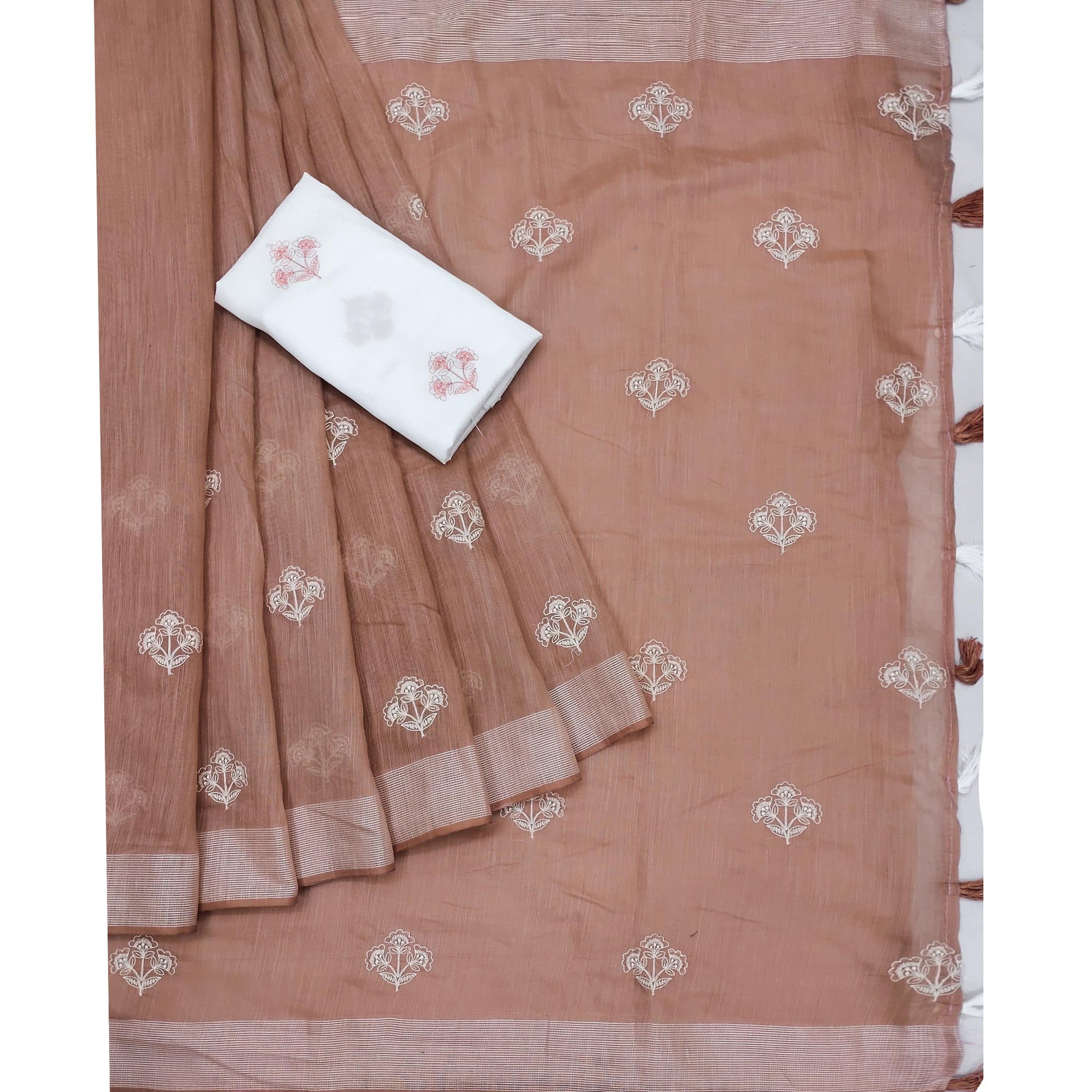 Brown Floral Embroidered Raw Silk Saree