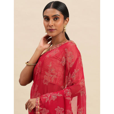 Maroon Floral Foil Printed Zomato Saree