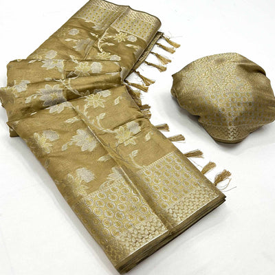 Mehendi Green Floral Woven Organza Saree With Tassels