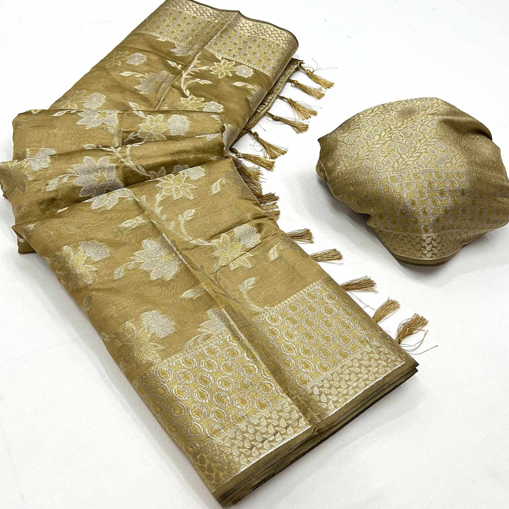 Mehendi Green Floral Woven Organza Saree With Tassels