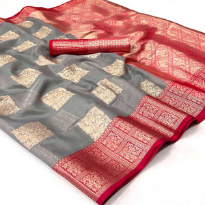 Grey Woven Linen Saree With Tassels