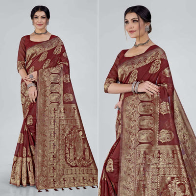 Maroon Woven Organza Saree With Tassels
