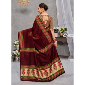 Dark Maroon Printed With Embroidery Tussar Silk Saree