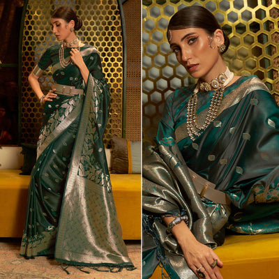 green-woven-satin-saree-with-tassels